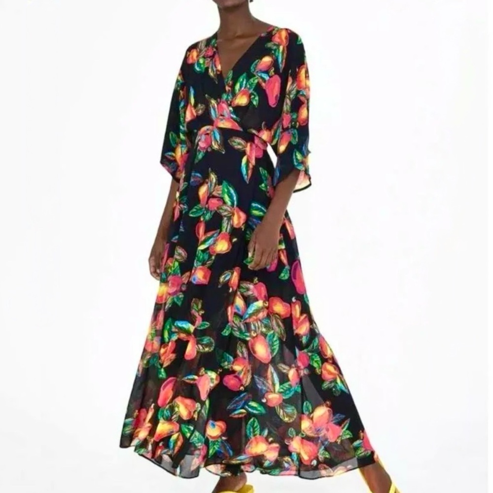 Farm Rio Black Multicolor Floral 3/4 Cashew Wrap Maxi Dress XS